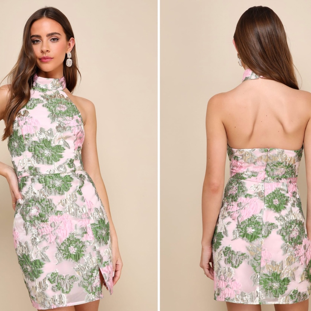 Lulus Extraordinary Impression Pink Floral Jacquard Halter Mini Dress Size XS